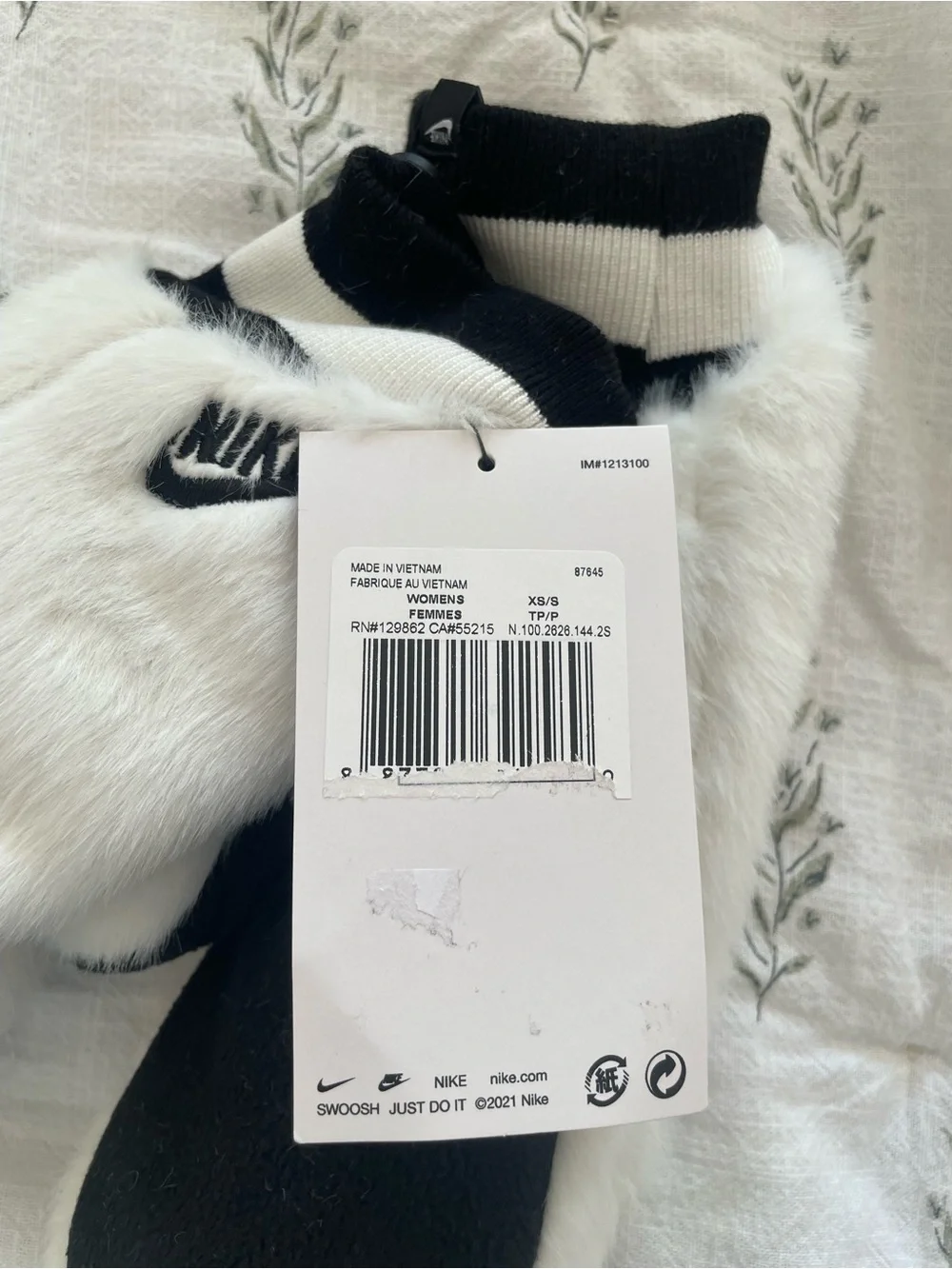 Nike White Faux-Fur Mittens with Black Accents